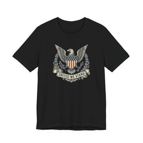 Black T-shirt with eagle shield crest graphic and "United We Stand" text