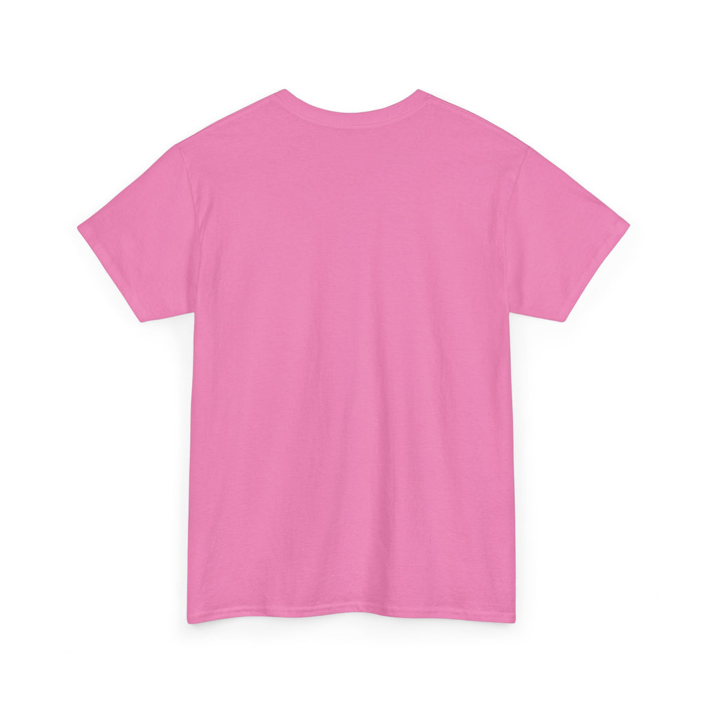 Pink crew-neck T-shirt, plain front, short sleeves.