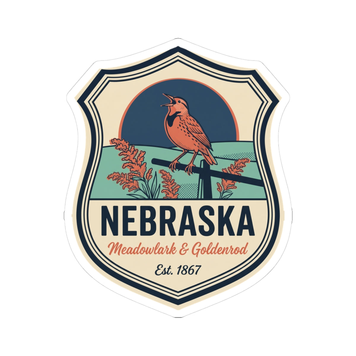 Nebraska vintage badge sticker with meadowlark and goldenrod text, Est. 1867