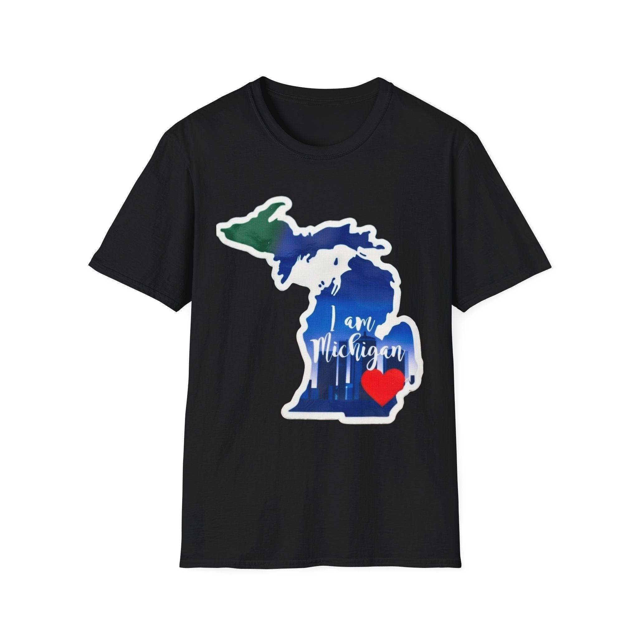 Black Michigan map T-shirt with blue state graphic, red heart, and “I am Michigan”