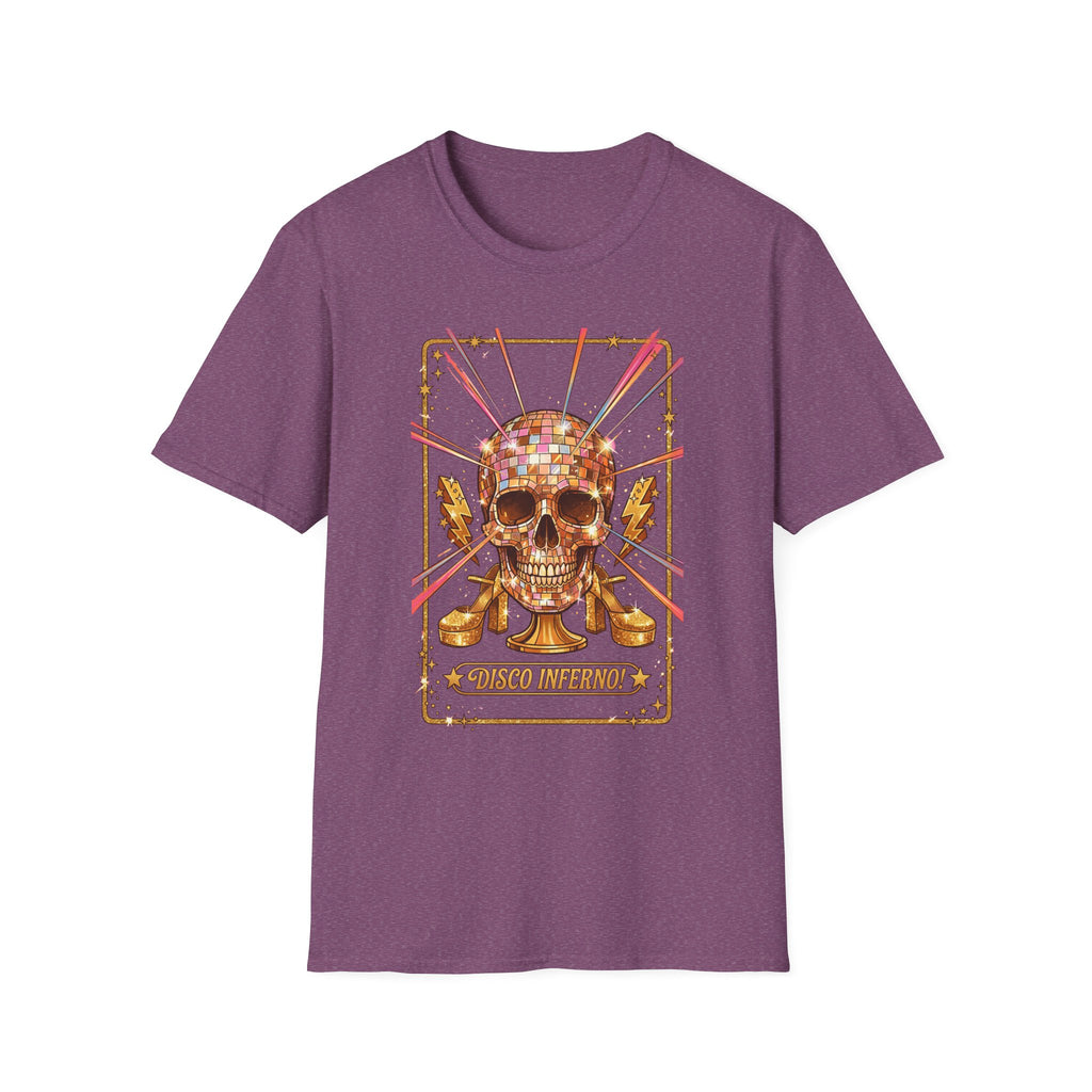 Disco Inferno Skull T-Shirt, purple—disco skull artwork with electric bolt accents
