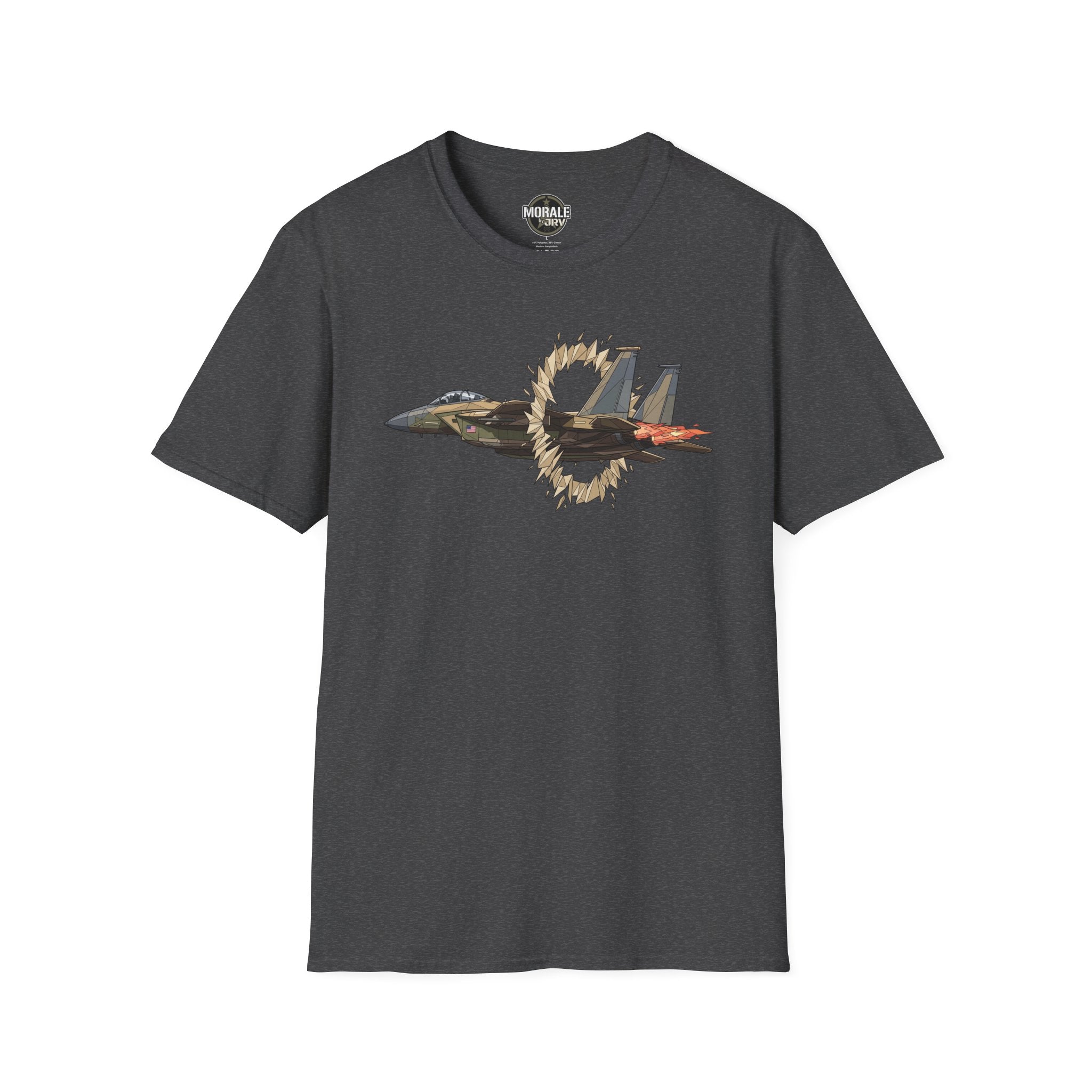 Dark gray t-shirt with fighter jet graphic and ring of fire burst print