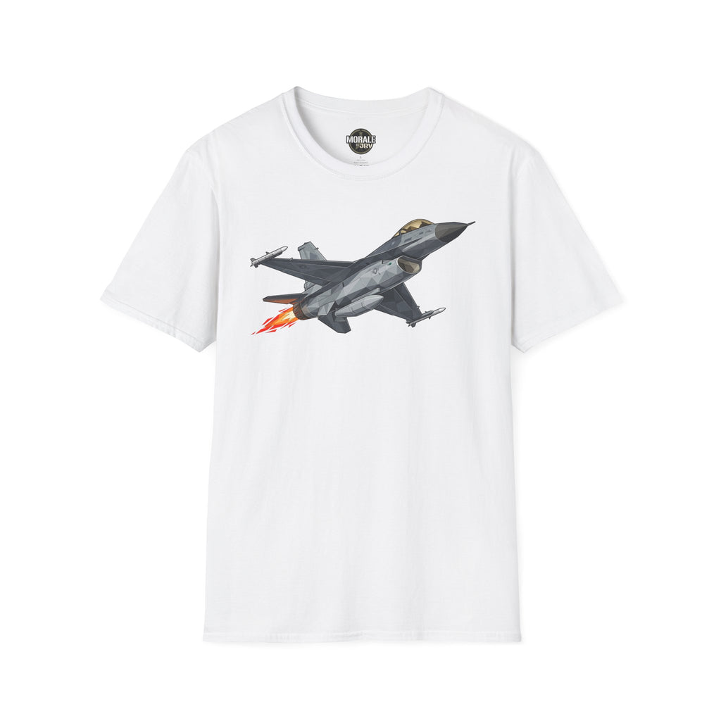 F-16 T-shirt, white fabric with gray jet illustration and orange flame