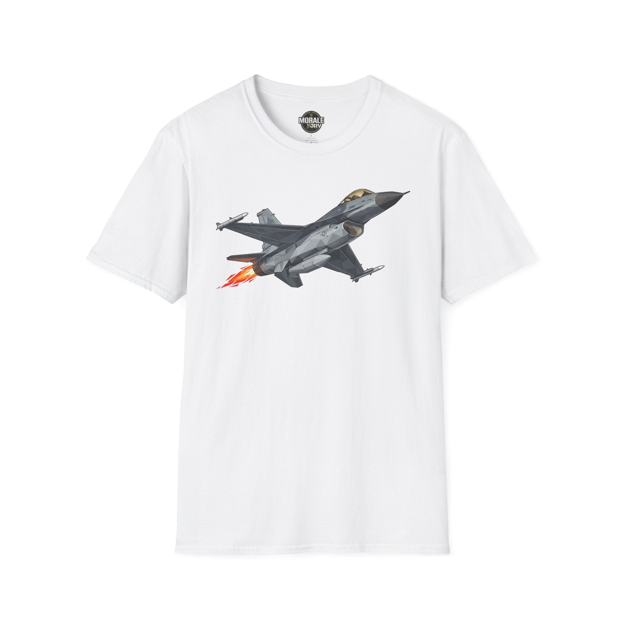 F-16 T-shirt, white fabric with gray jet illustration and orange flame