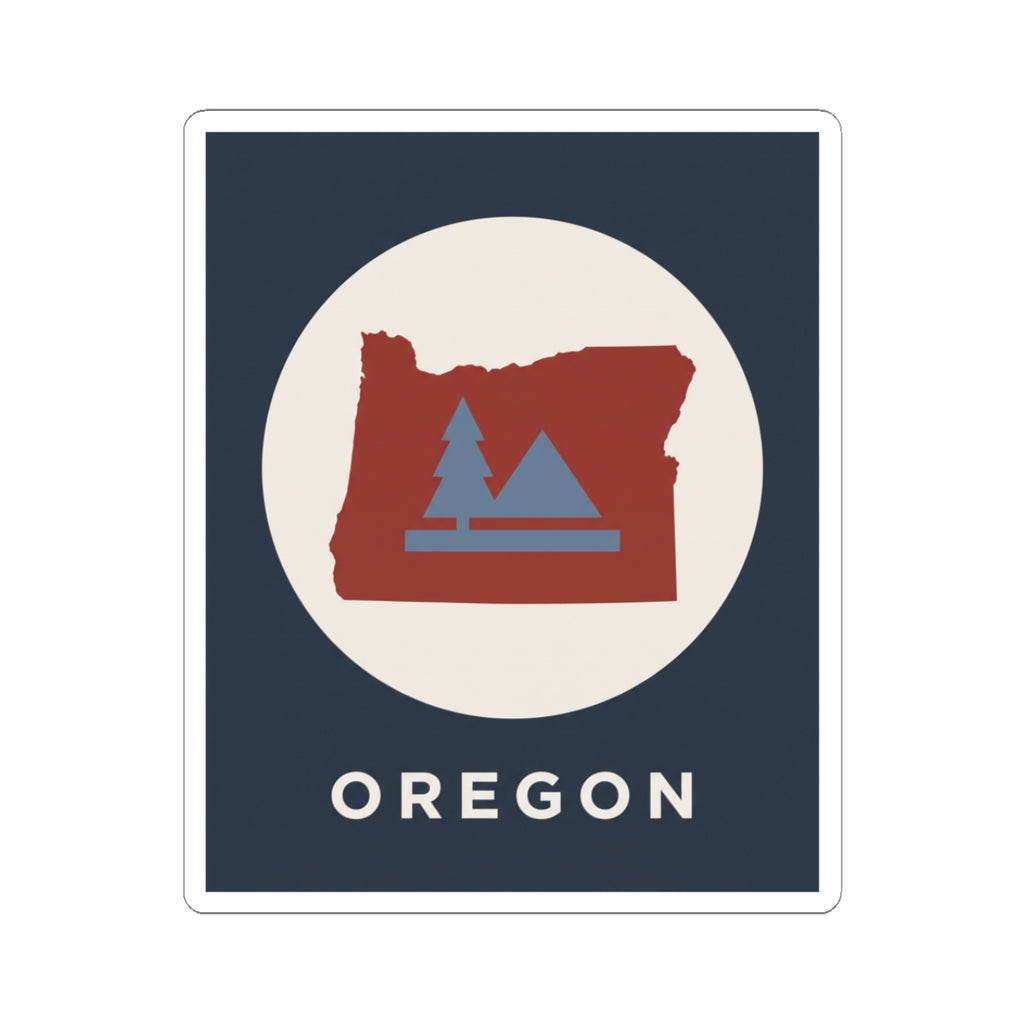 Square Oregon state sticker with red map, pine tree and mountain scene; text OREGON.