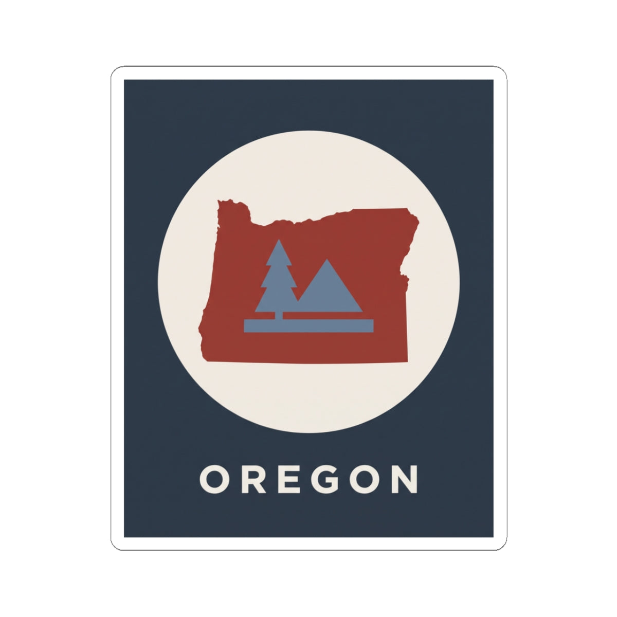 Square Oregon state sticker with red map, pine tree and mountain scene; text OREGON.