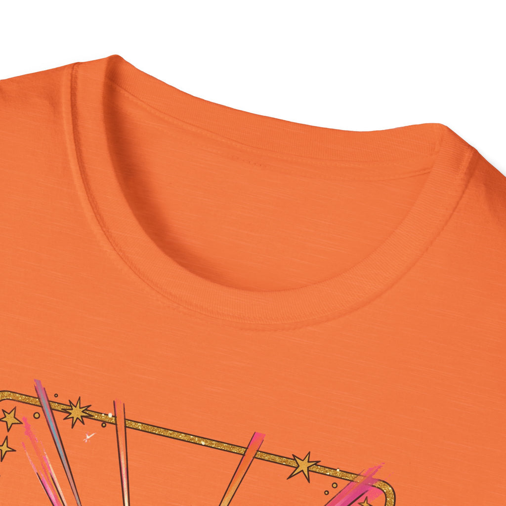 Orange T-shirt, crew neck, partial retro skull graphic near lower edge