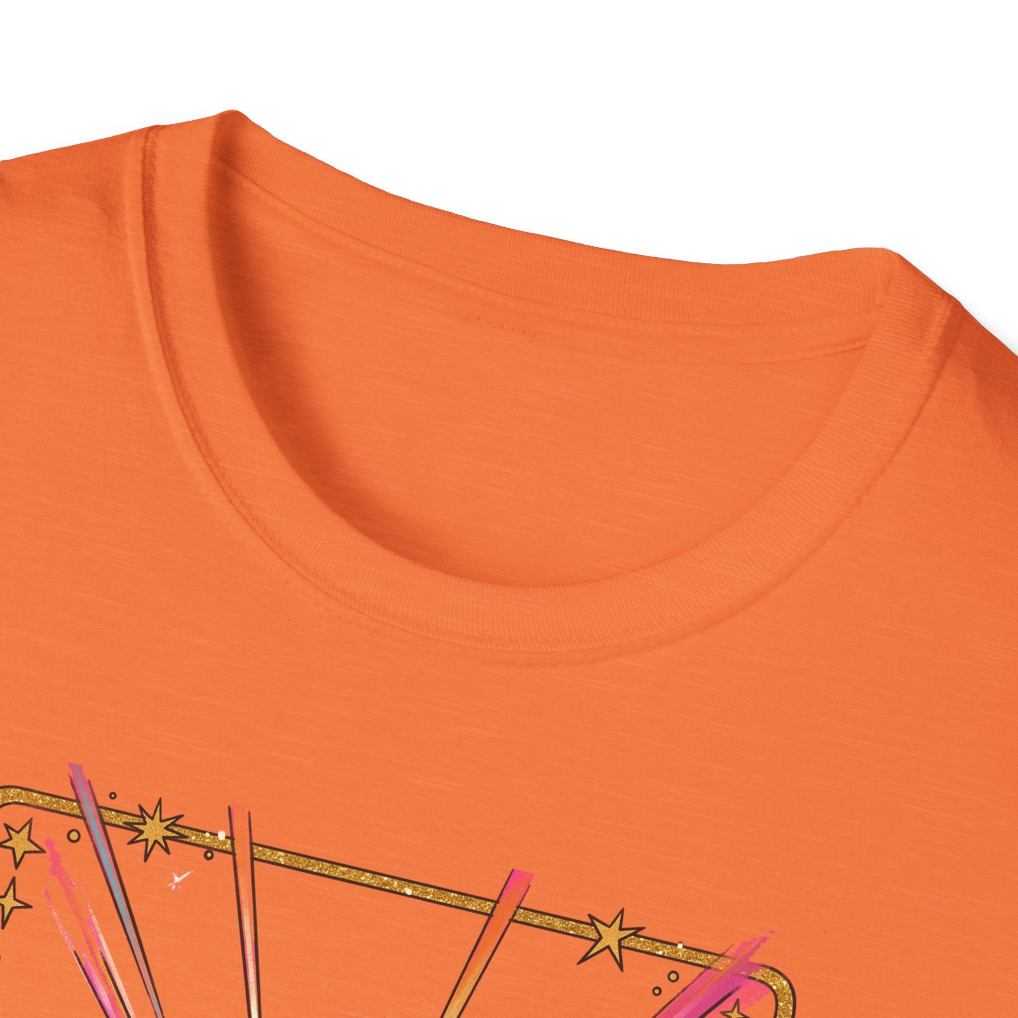 Orange T-shirt, crew neck, partial retro skull graphic near lower edge