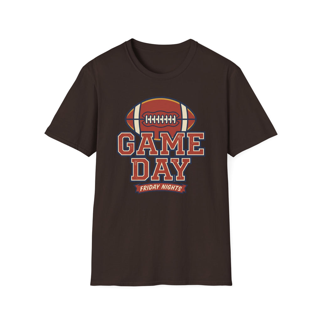 Dark brown Game Day football T-shirt with bold front text and football helmet graphic