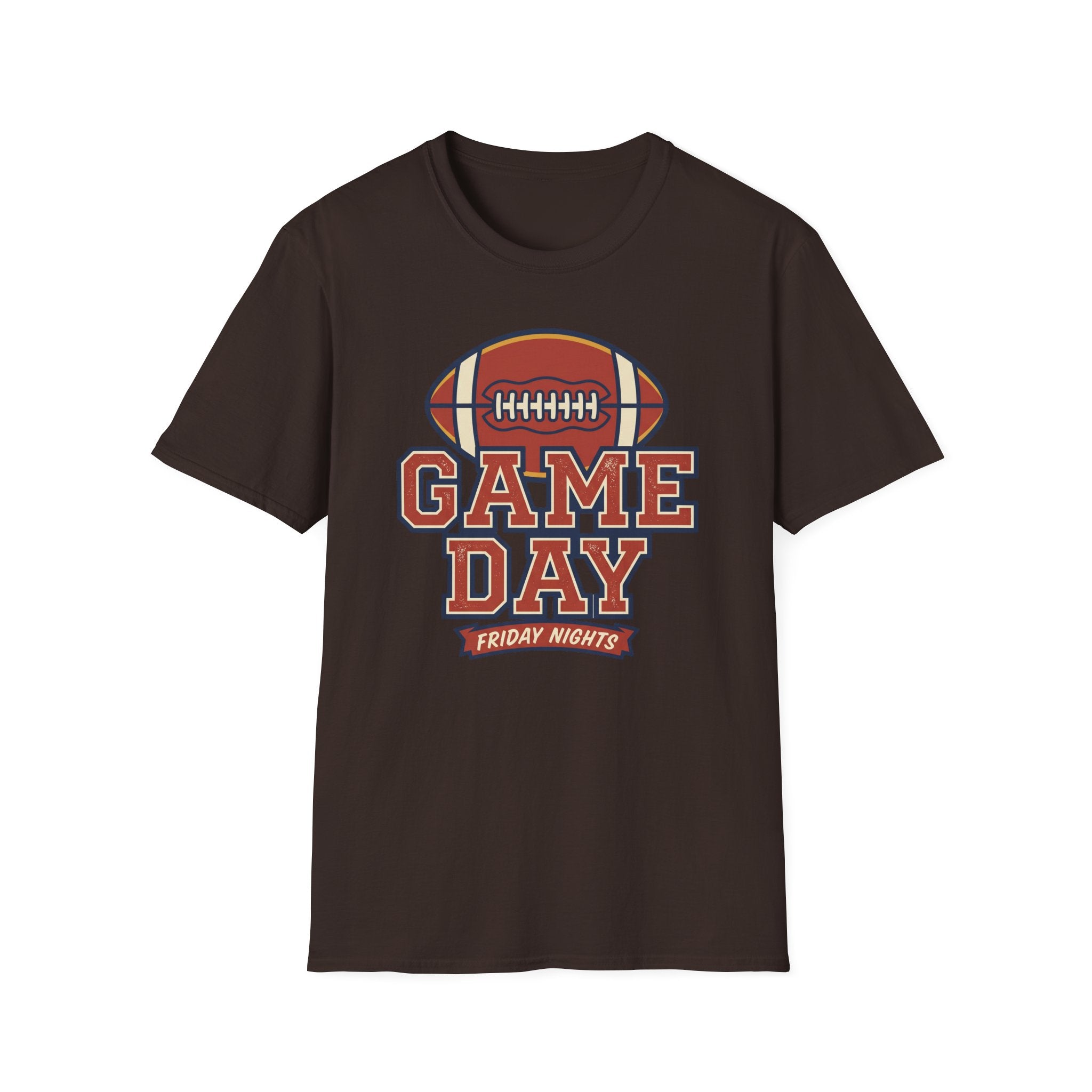Dark brown Game Day football T-shirt with bold front text and football helmet graphic