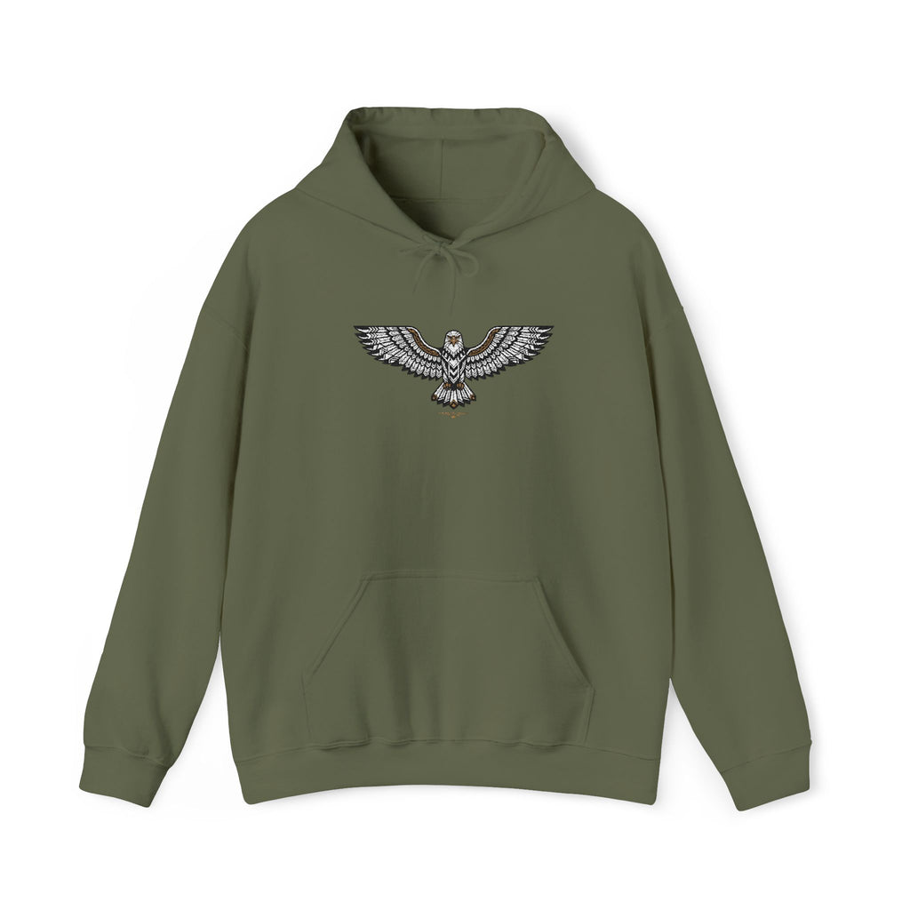 Olive green unisex hoodie with drawstring hood, front pocket, rhinestone eagle chest design