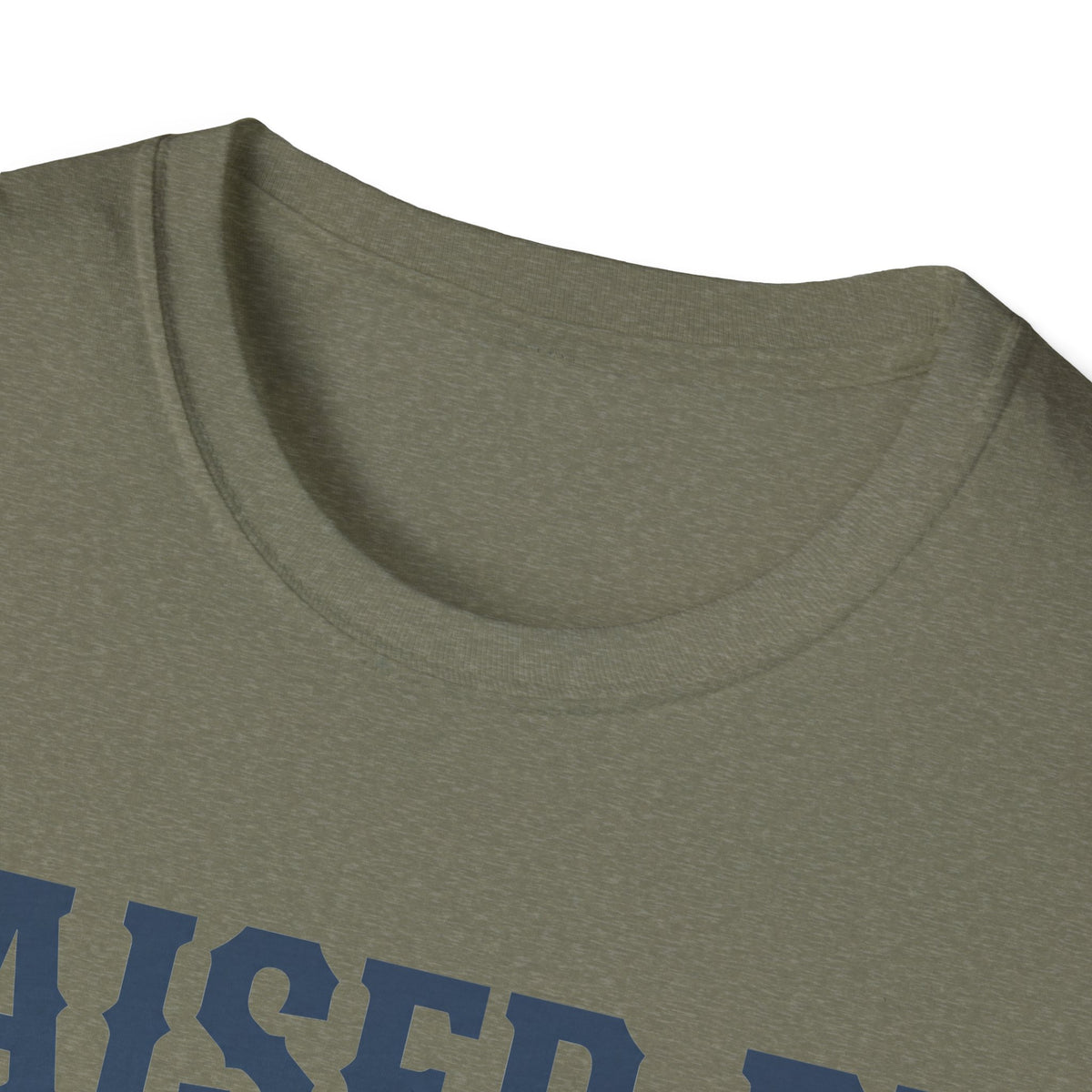 Military green crewneck T-shirt close-up with partial text graphic.