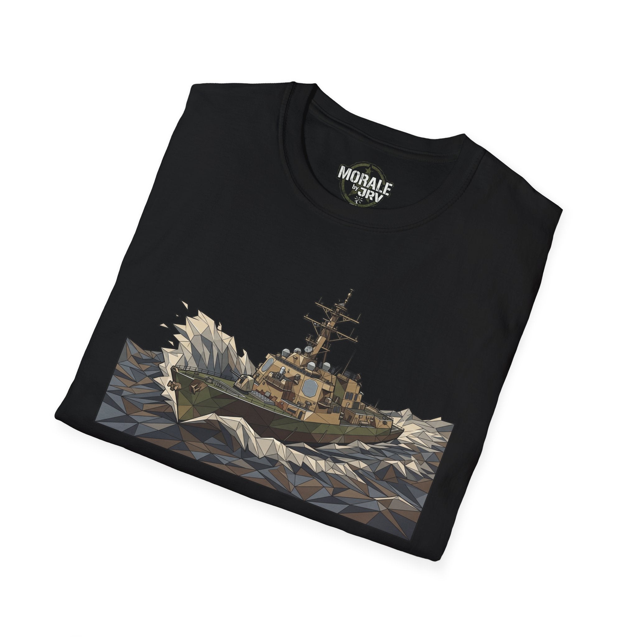 Black Coast Guard Cutter T-Shirt with geometric ship-and-seas graphic