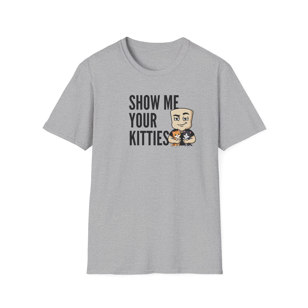 Gray crew-neck T-shirt with "SHOW ME YOUR KITTIES" cat graphic.