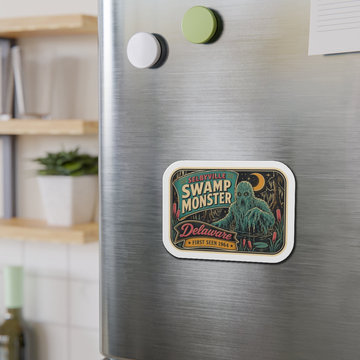 Die-cut magnet with Selbyville Swamp Monster graphic on brushed metal fridge