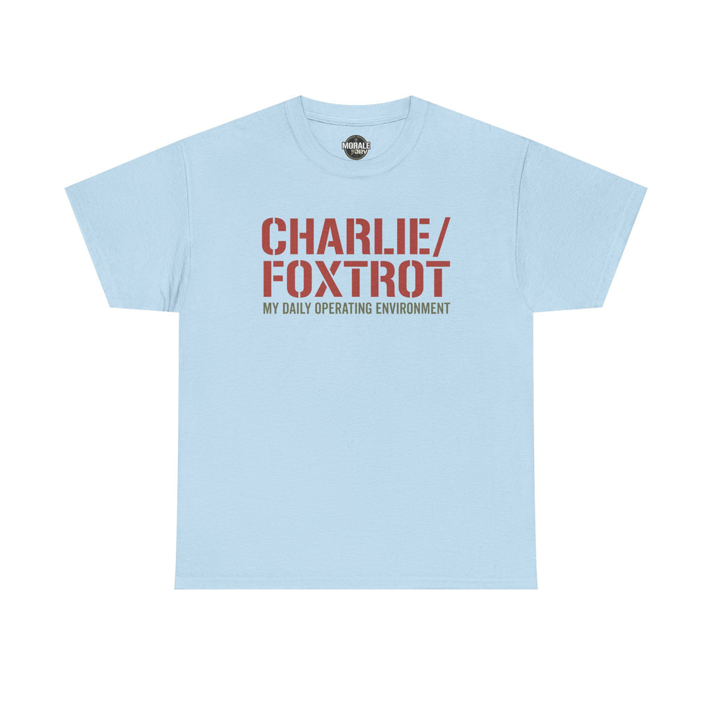 Light blue T-shirt with “CHARLIE/FOXTROT” slogan and “MY DAILY OPERATING ENVIRONMENT” print
