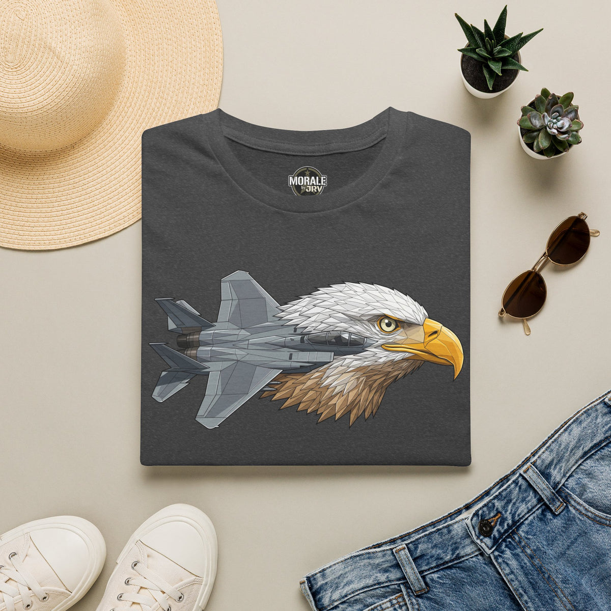 Eagle head and fighter jet graphic t-shirt, dark gray crew neck