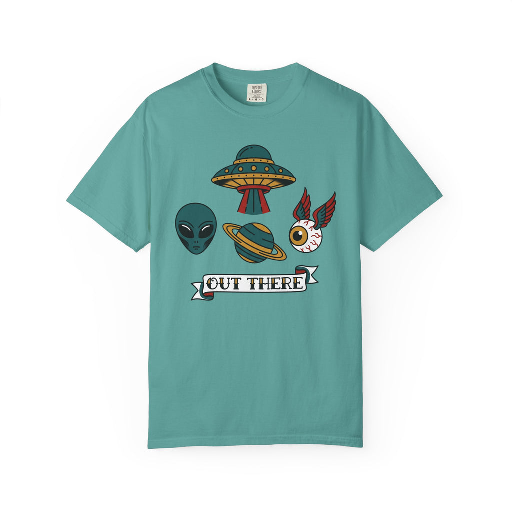 Teal graphic T-shirt with alien, UFO, and "OUT THERE" patch-style print