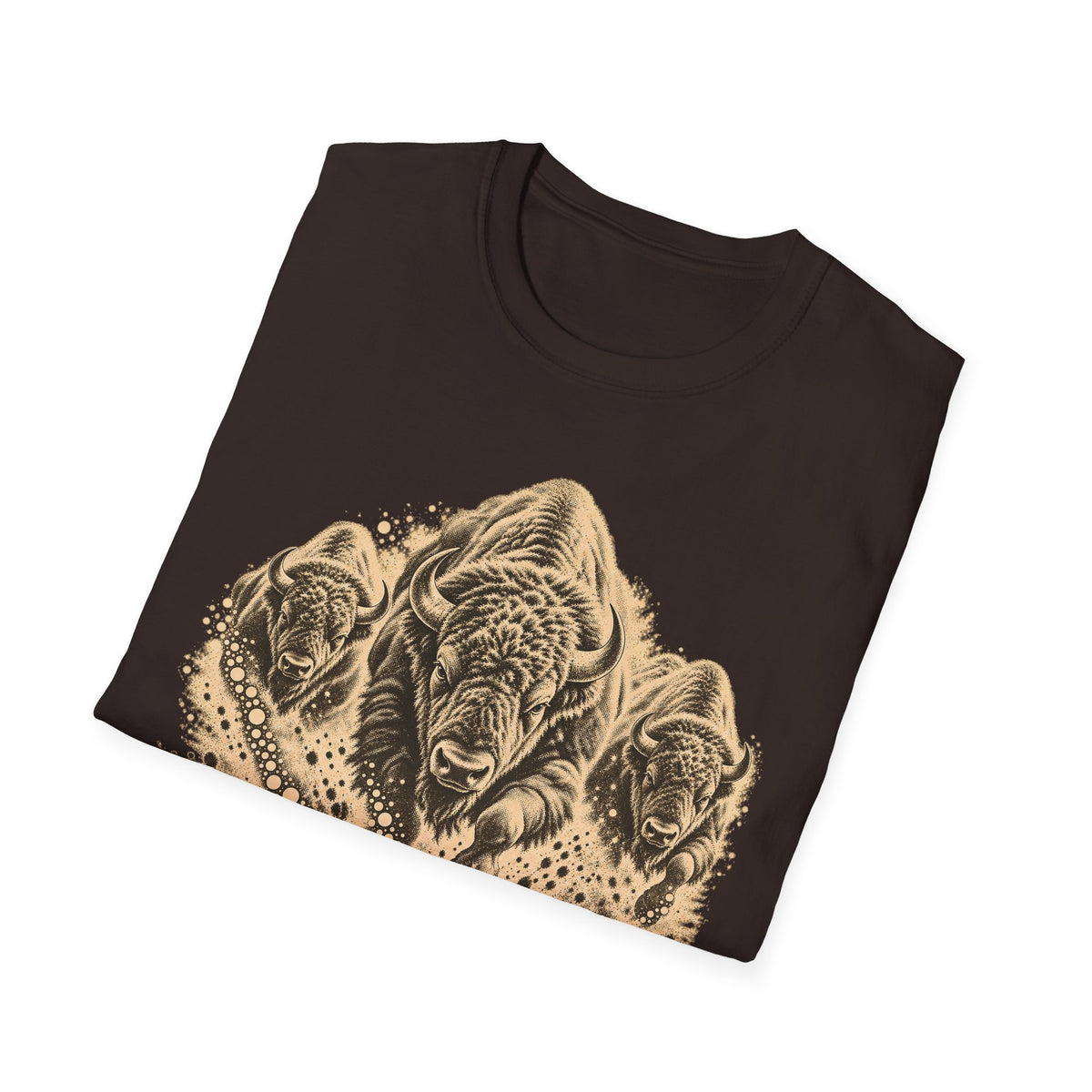 Dark chocolate bison herd graphic T-shirt with tan distressed print across chest