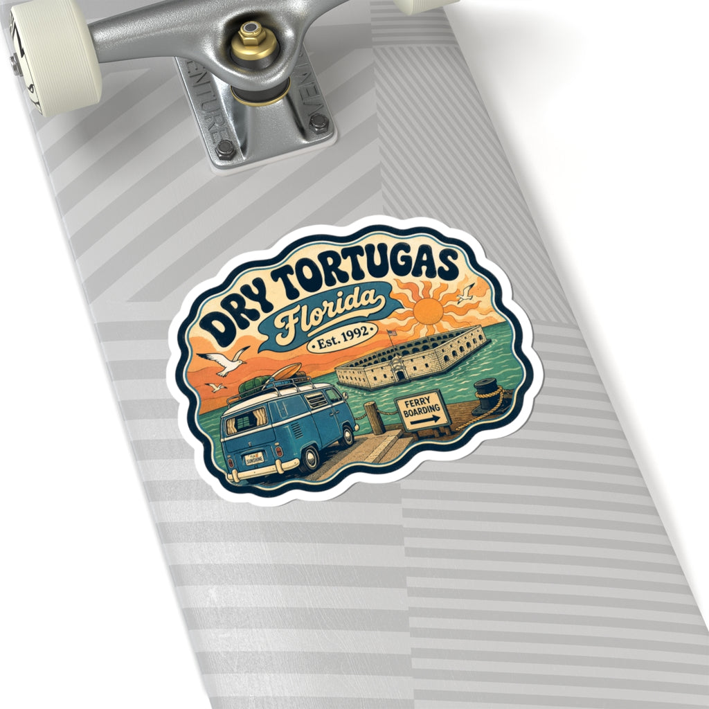 Dry Tortugas National Park sticker: teal camper van, fort, “Ferry Boarding” sign, orange sky