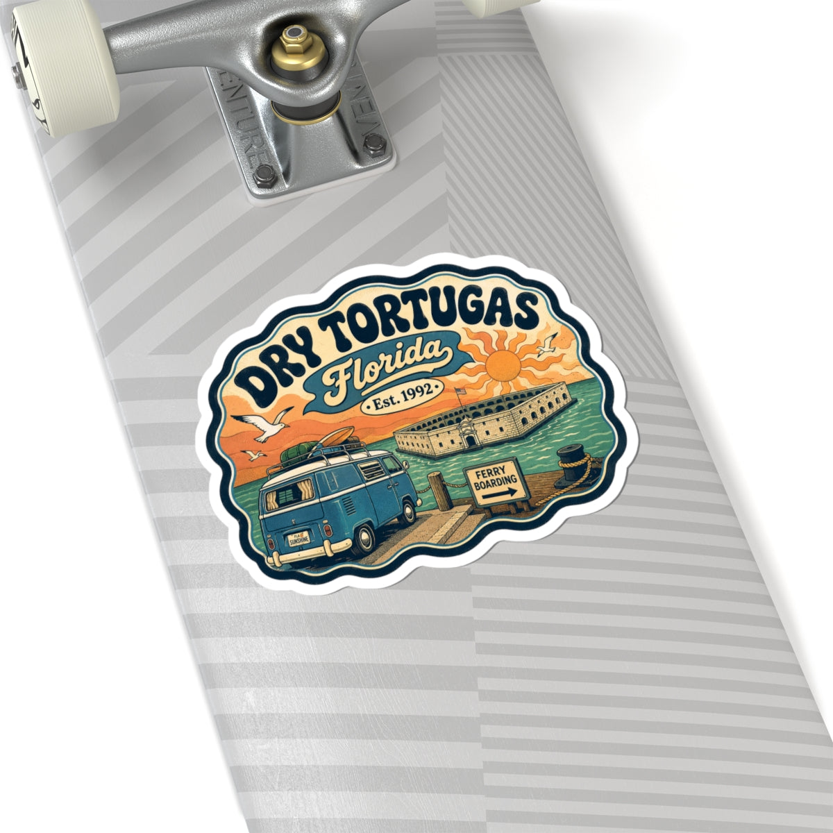 Dry Tortugas National Park sticker: teal camper van, fort, “Ferry Boarding” sign, orange sky