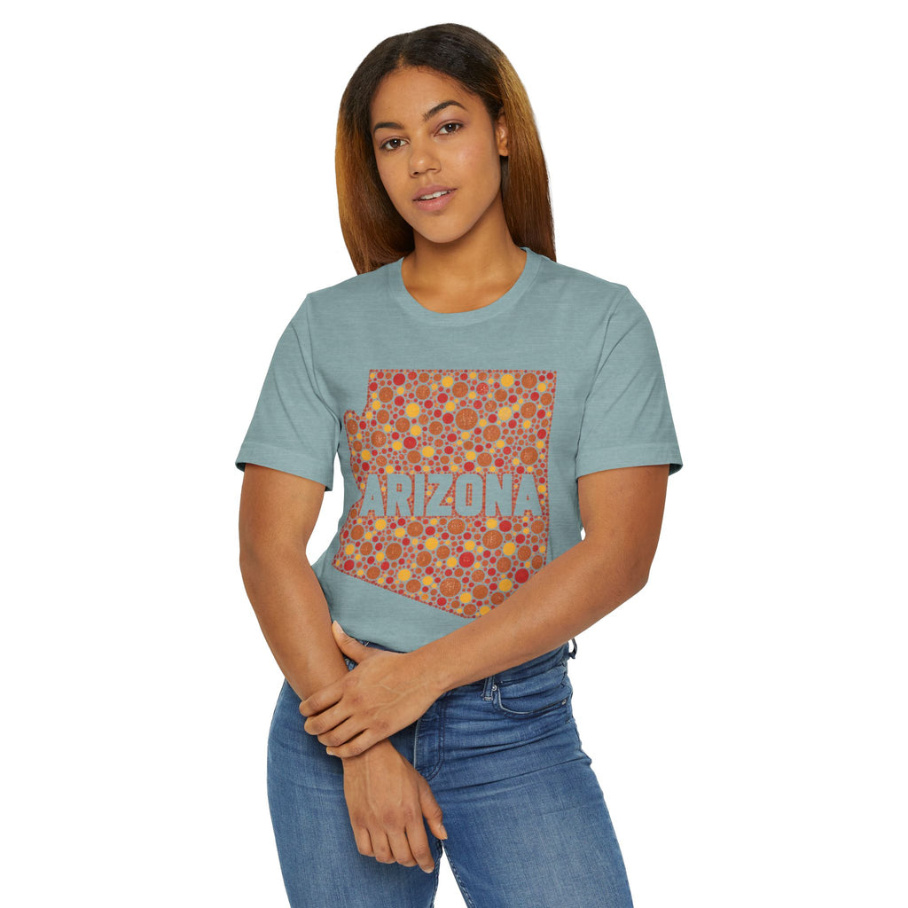 Teal crewneck short-sleeve T-shirt with orange Arizona graphic patch, worn.