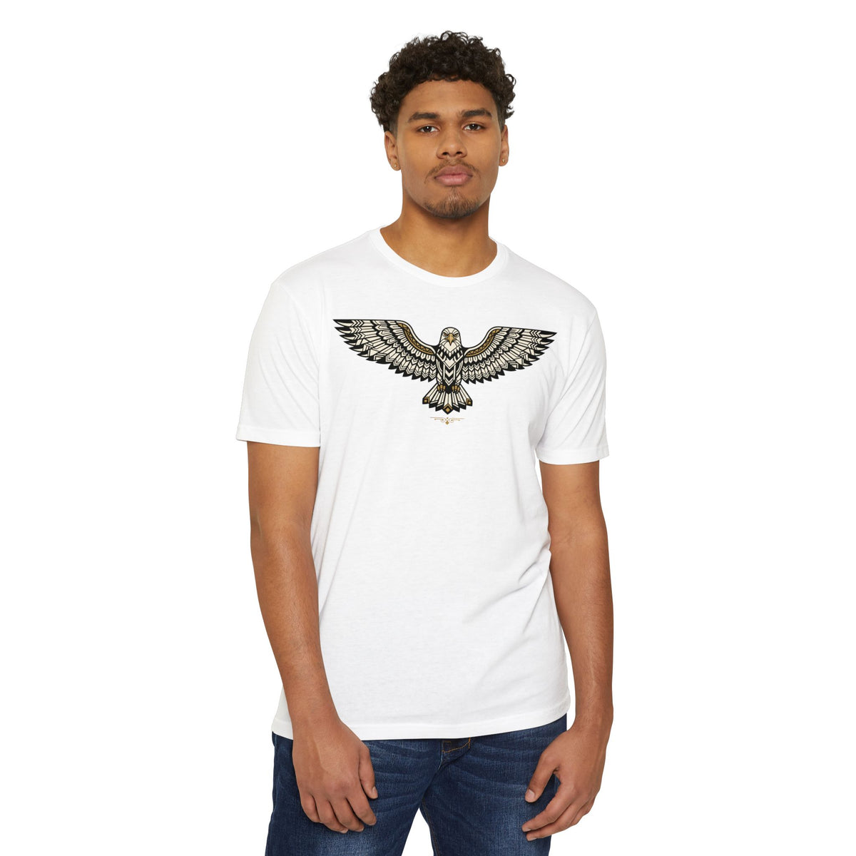 Unisex white graphic t-shirt with front soaring owl illustration