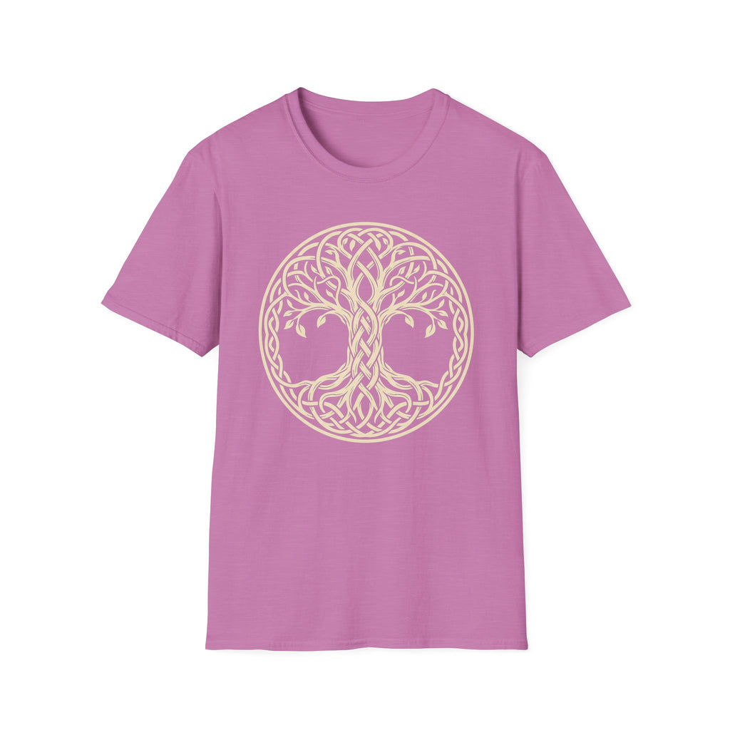 Purple T-shirt with Celtic Tree of Life knotwork graphic in a circular emblem