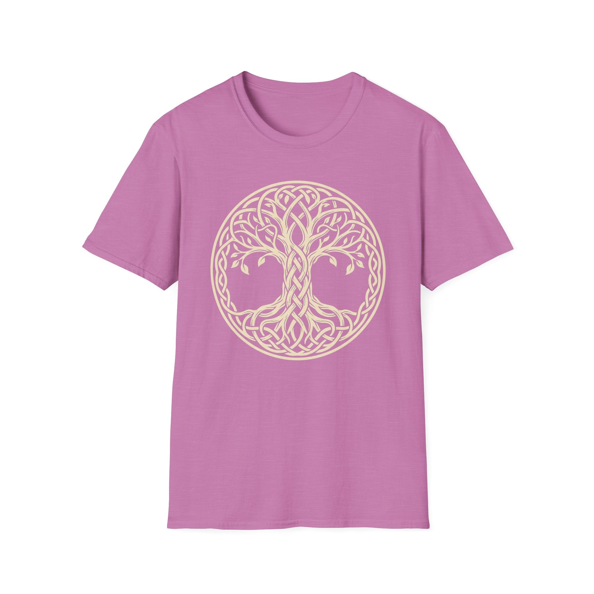 Purple T-shirt with Celtic Tree of Life knotwork graphic in a circular emblem