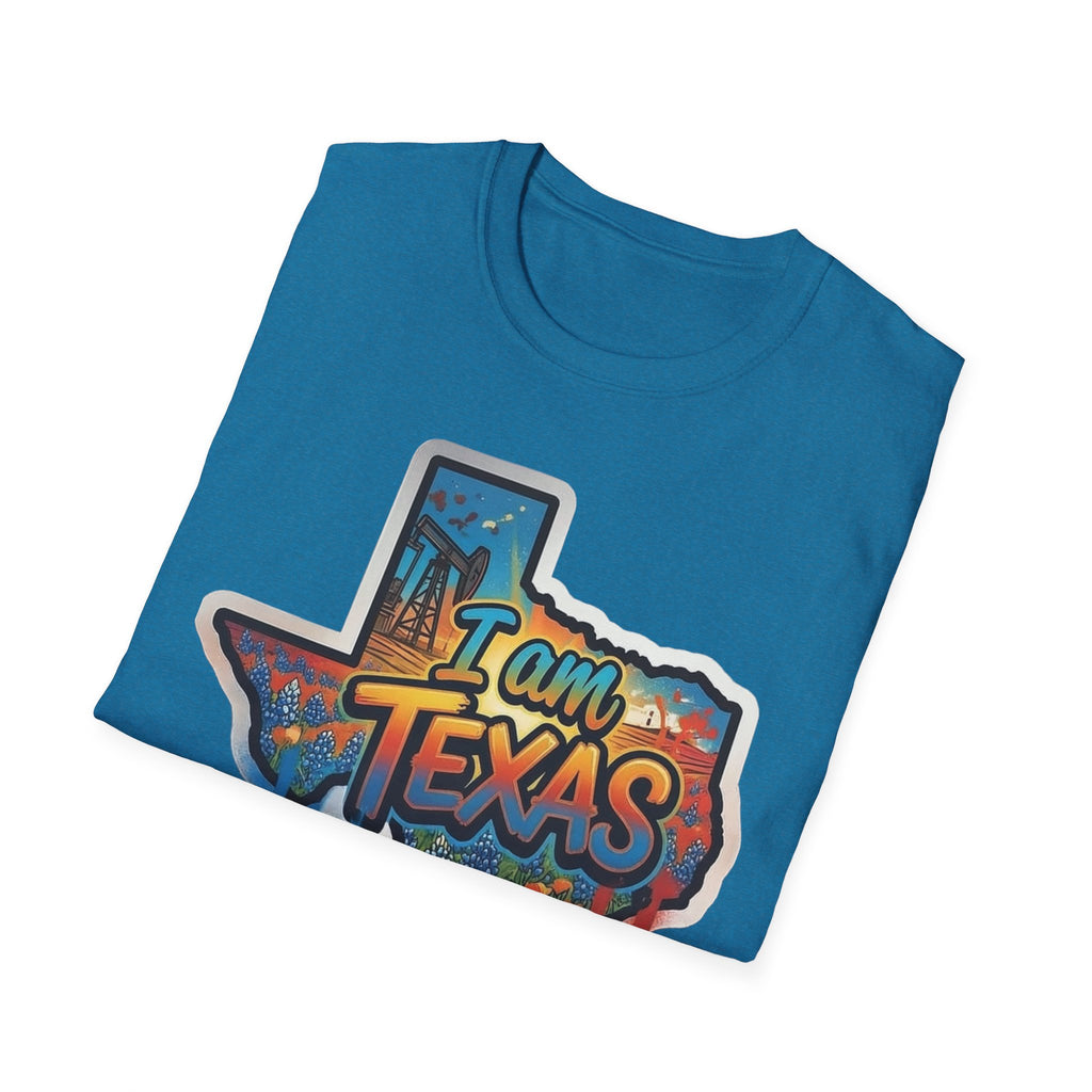 I Am Texas T-shirt, blue, state outline 'I am TEXAS' front graphic