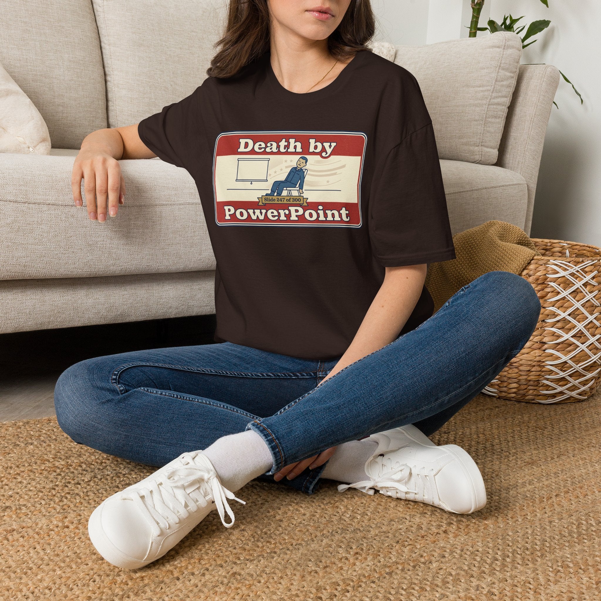 Dark brown T-shirt with “Death by PowerPoint” graphic, crew neck