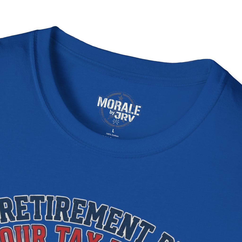 Royal Blue T-shirt neckline with “Morale by TRIV” label