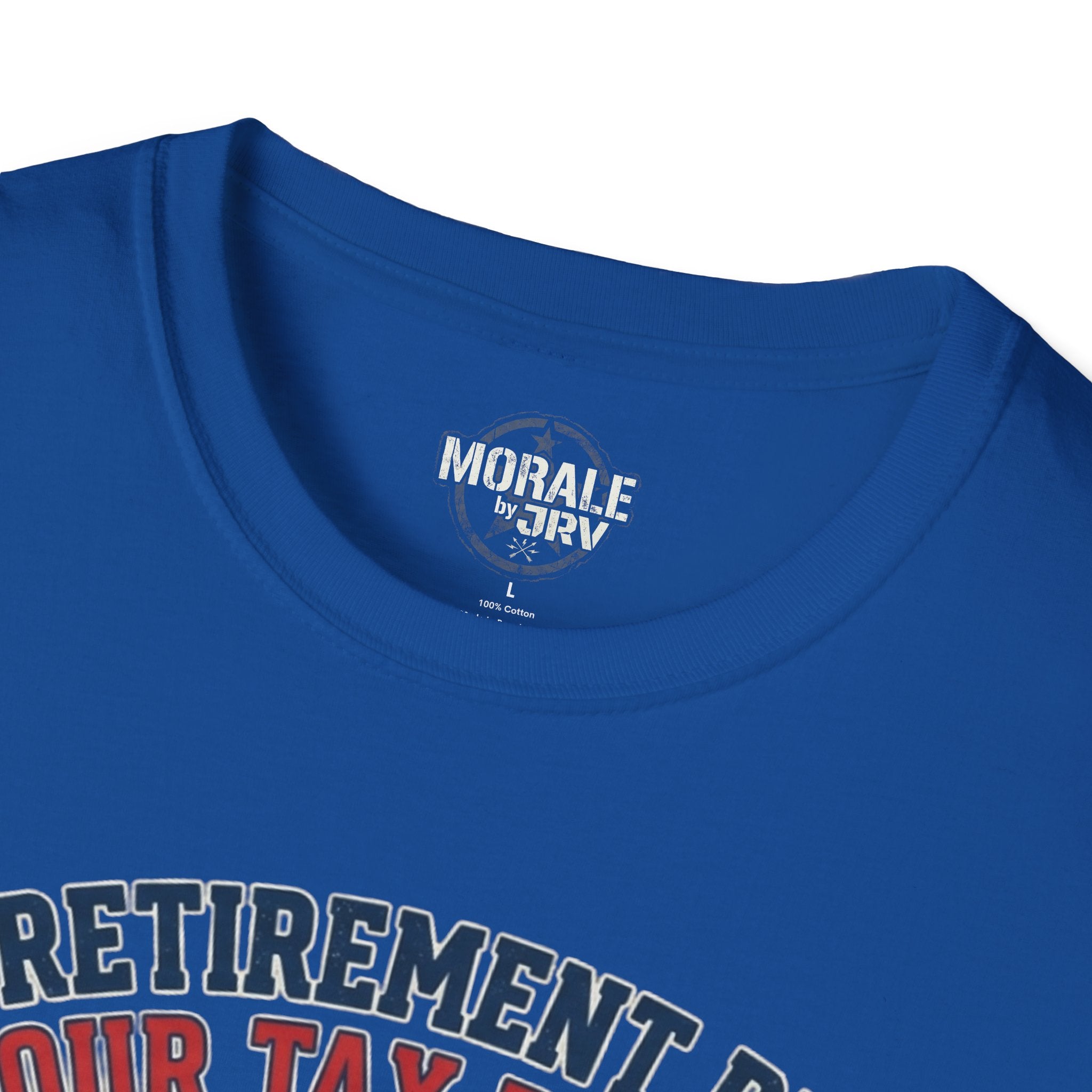 Royal Blue T-shirt neckline with “Morale by TRIV” label
