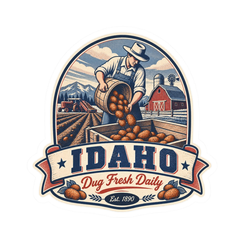 Die-cut oval Idaho potato farm sticker featuring Dug carrying a barrel of potatoes