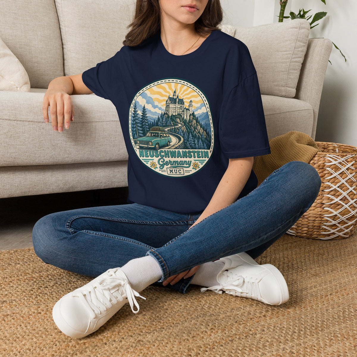 Navy T-shirt with round Neuschwanstein castle illustration graphic on the chest