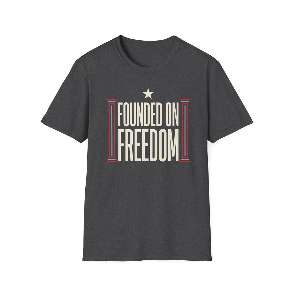 Charcoal gray crewneck T-shirt with star and freedom text graphic