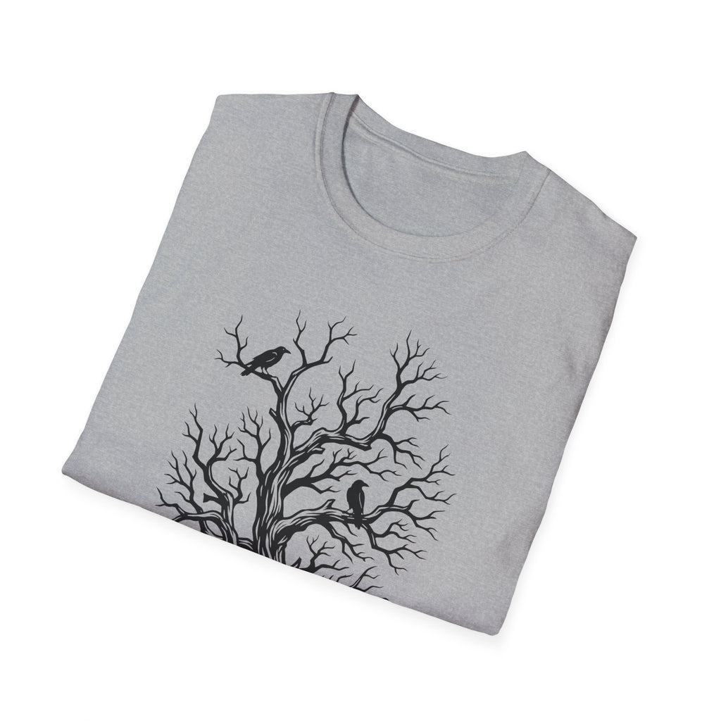 Sport Grey T-shirt with black bare-branch tree and crow graphic