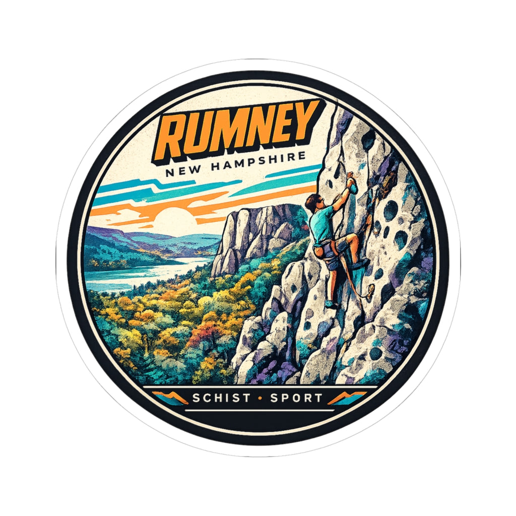 Circular sticker featuring Rumney logo over landscape and climber on rock wall