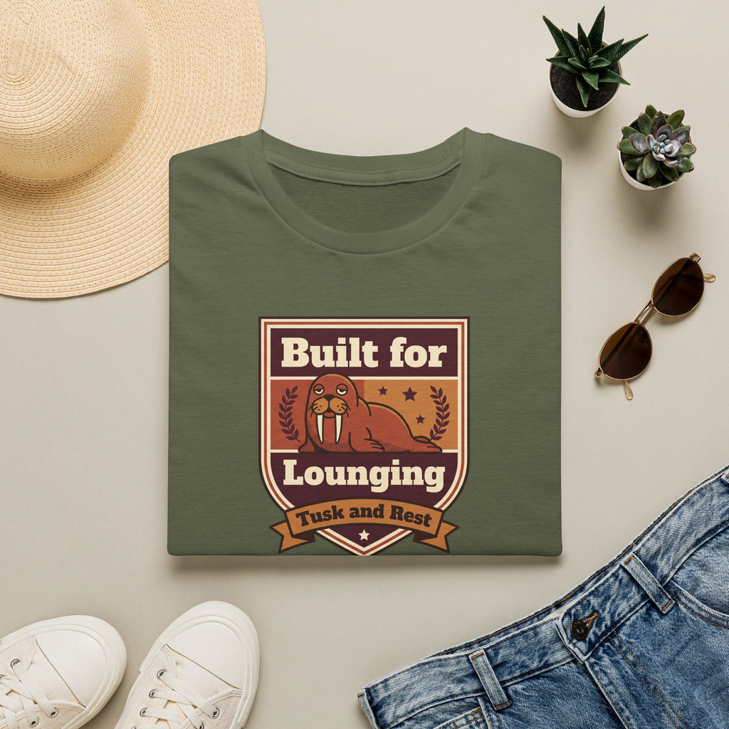 Dark green t-shirt with walrus graphic and “Built for Lounging” badge, short sleeves