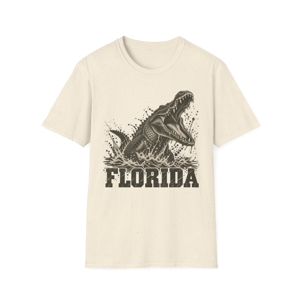 Natural-beige crew-neck t-shirt with lunging alligator graphic and FLORIDA text