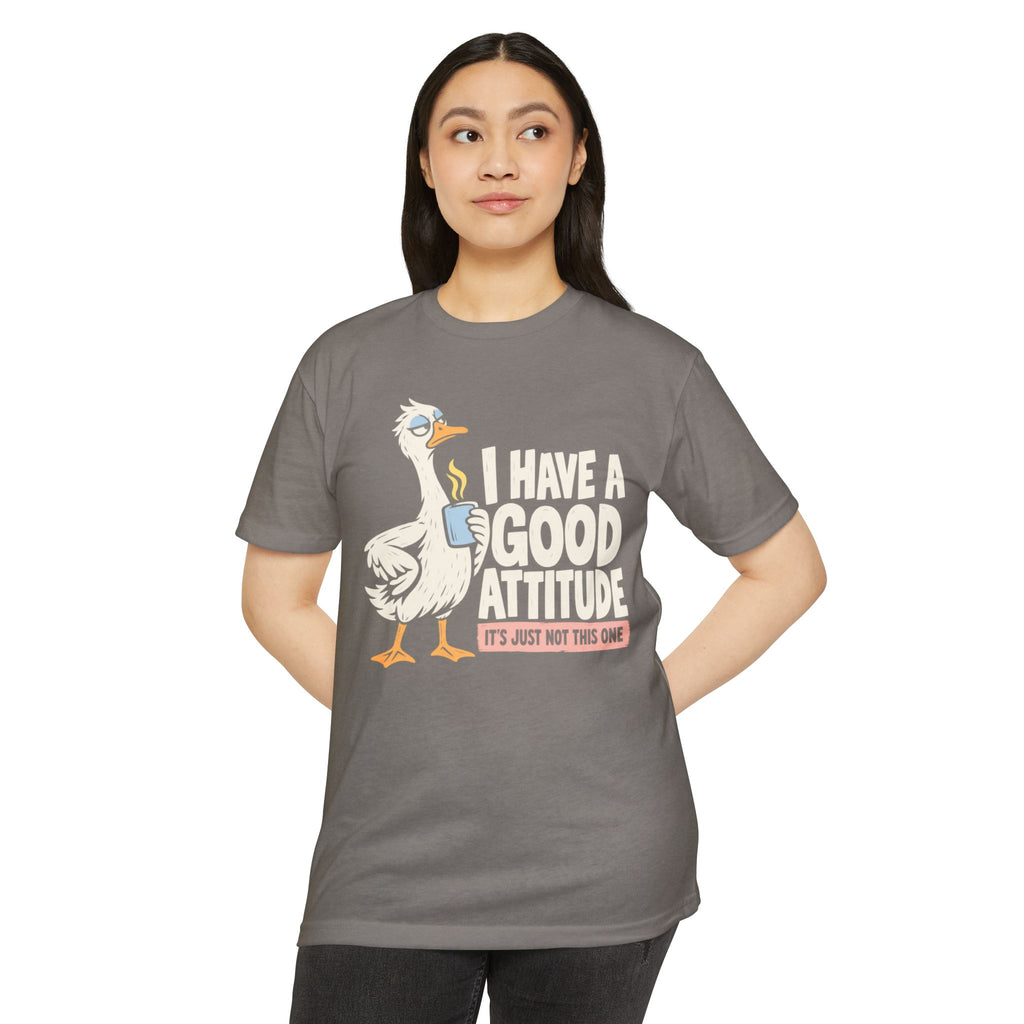 Heather gray T-shirt with rooster coffee graphic and 'I Have a Good Attitude' text
