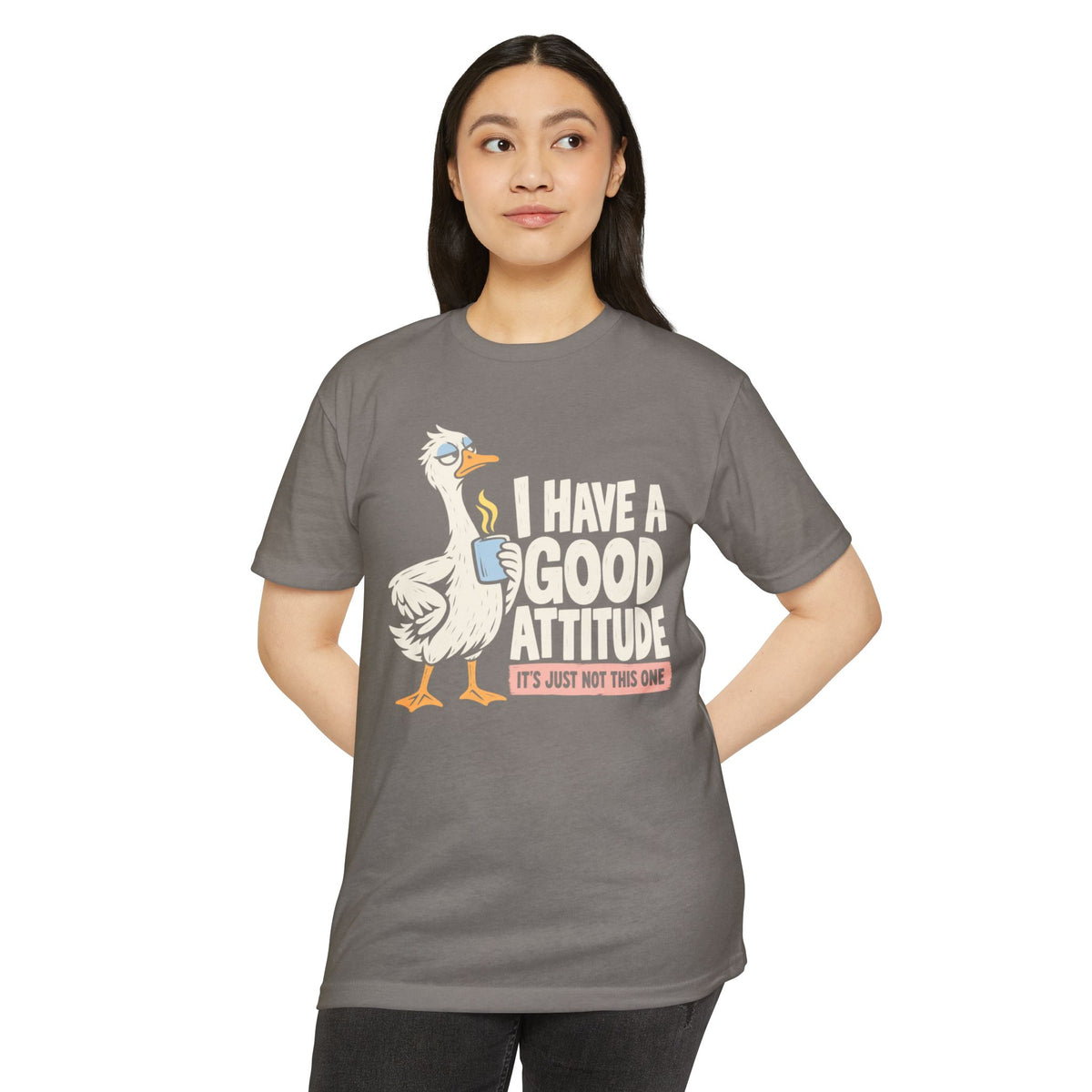 Heather gray T-shirt with rooster coffee graphic and 'I Have a Good Attitude' text