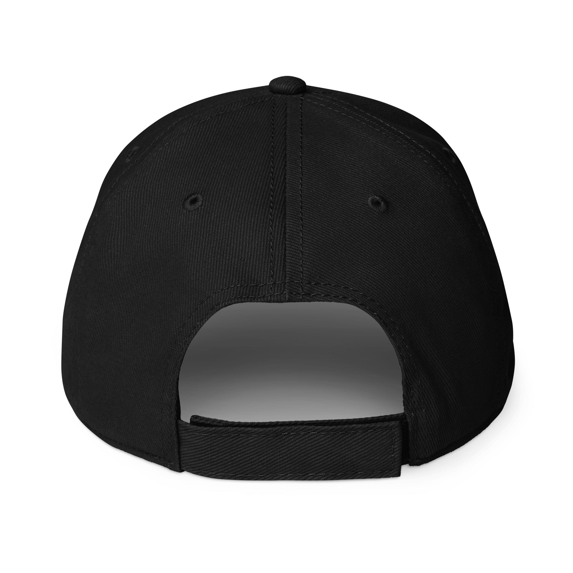 Black low-profile baseball cap, back view with adjustable strap