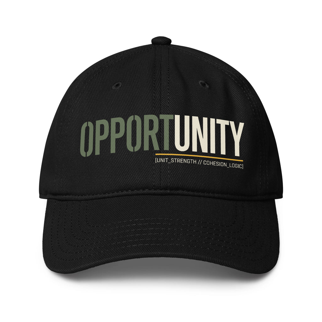 Black low-profile baseball cap with 'OPPORTUNITY' front logo