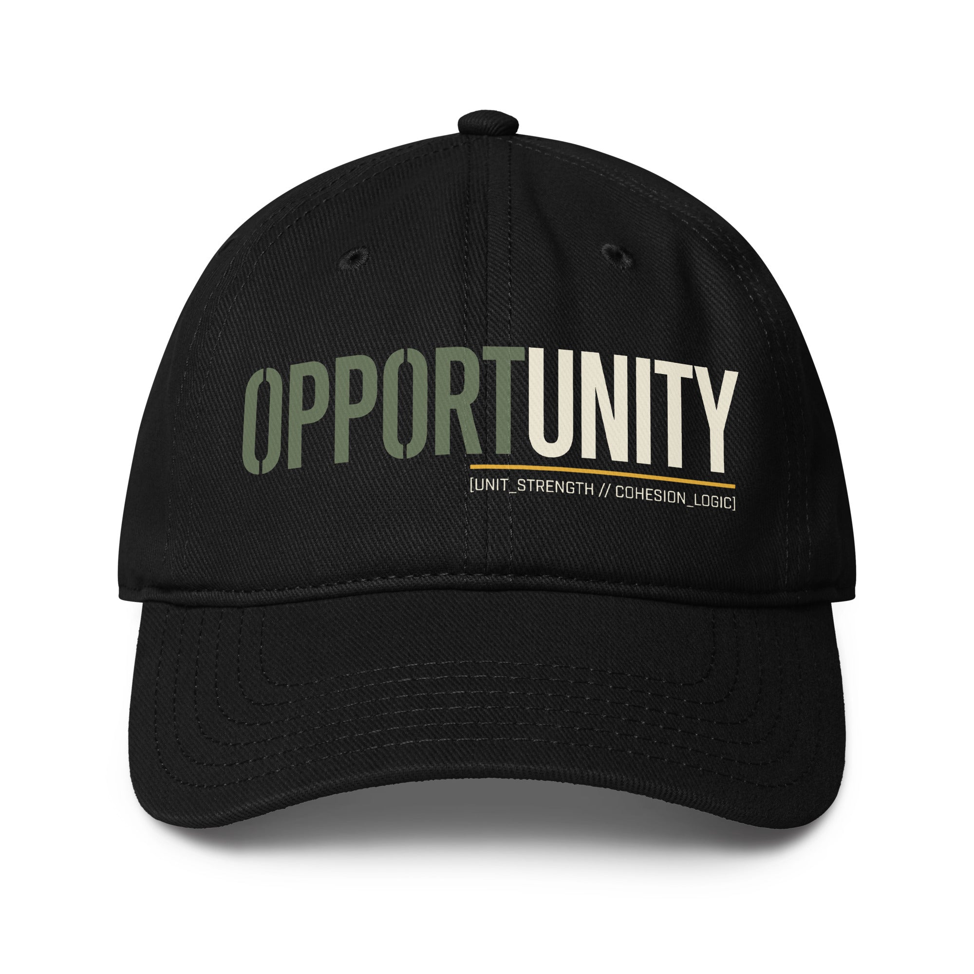 Black low-profile baseball cap with 'OPPORTUNITY' front logo