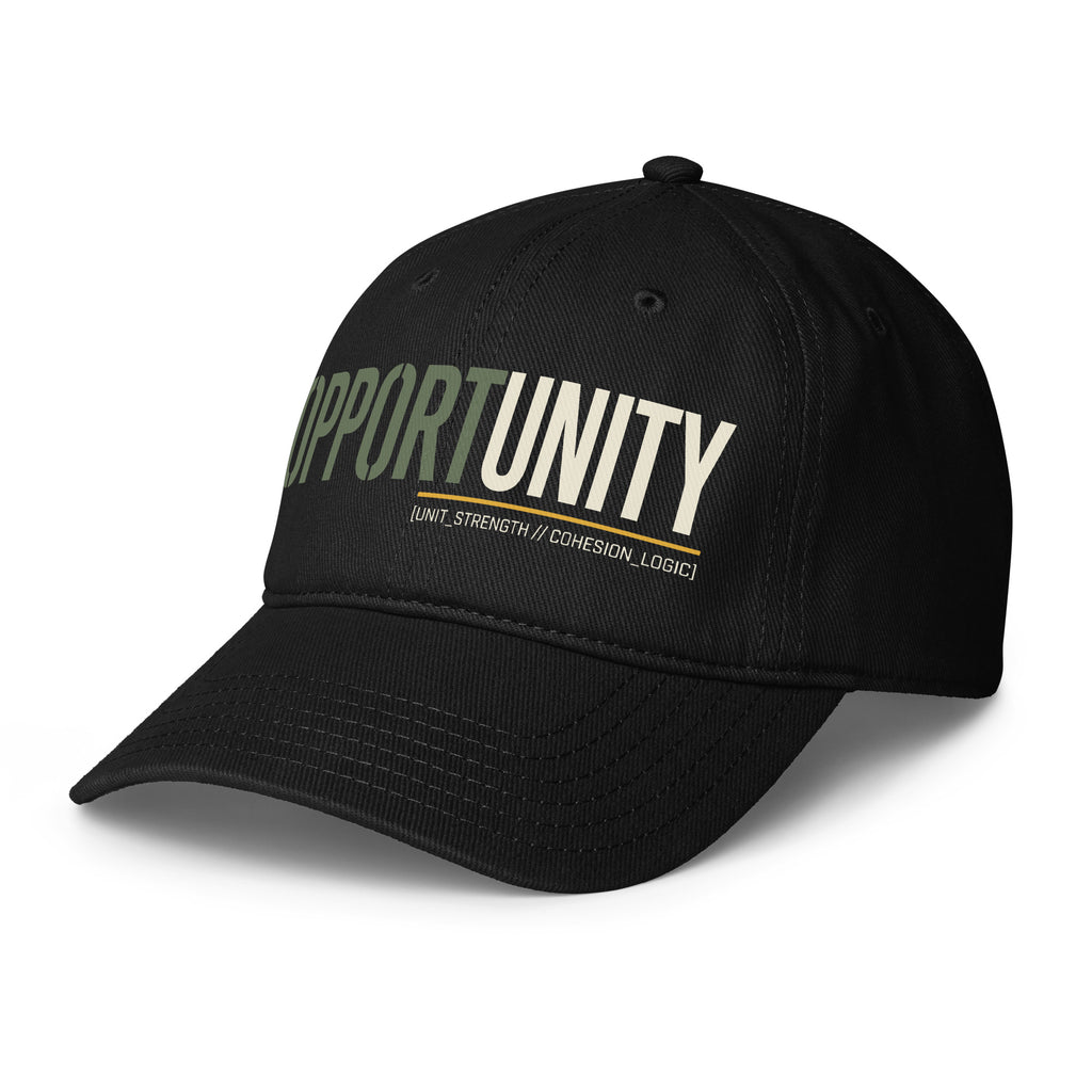 Black low-profile cap, curved brim and 'OPPORTUNITY' front text detail