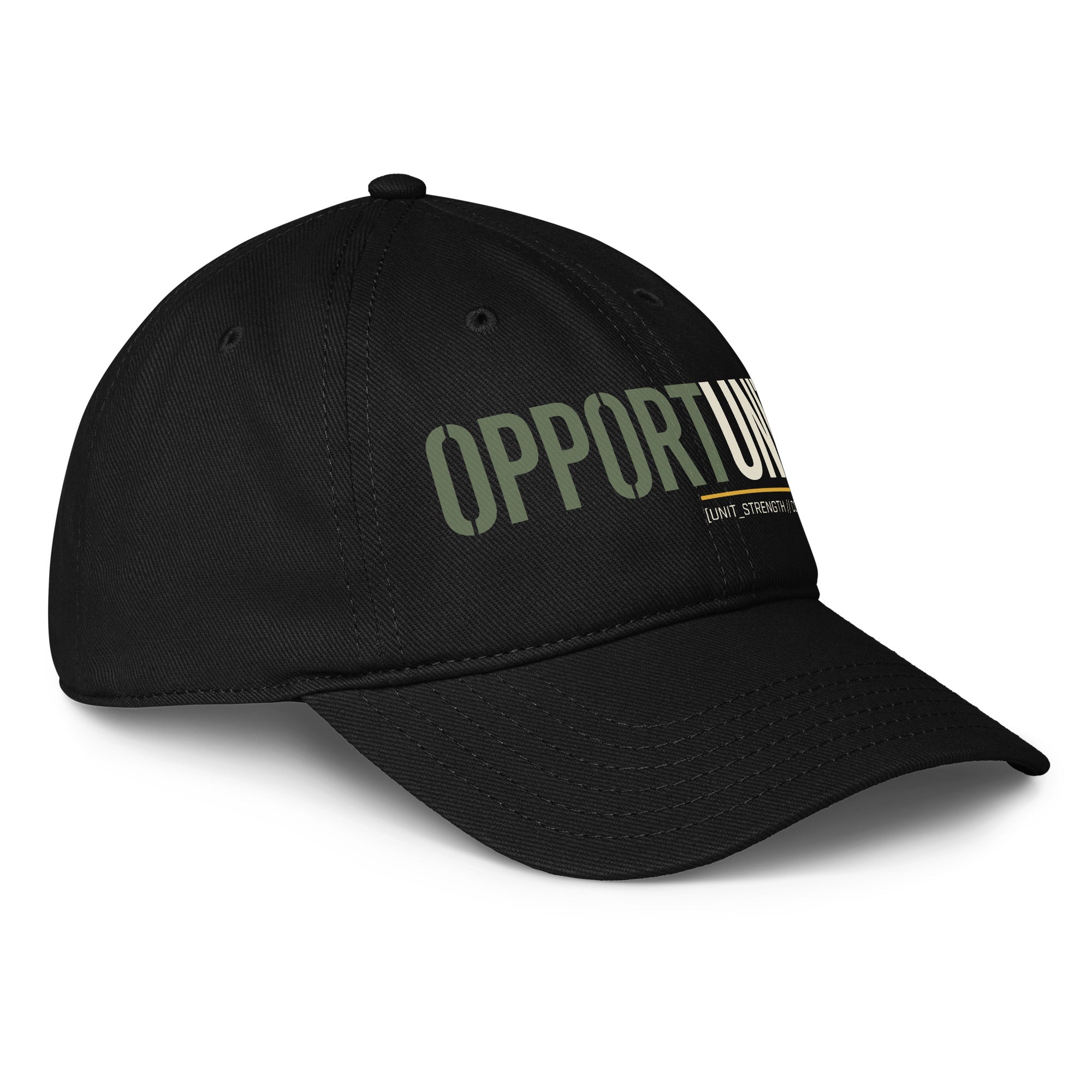 Black low-profile baseball cap angled view, partial 'OPPORTUNITY' print