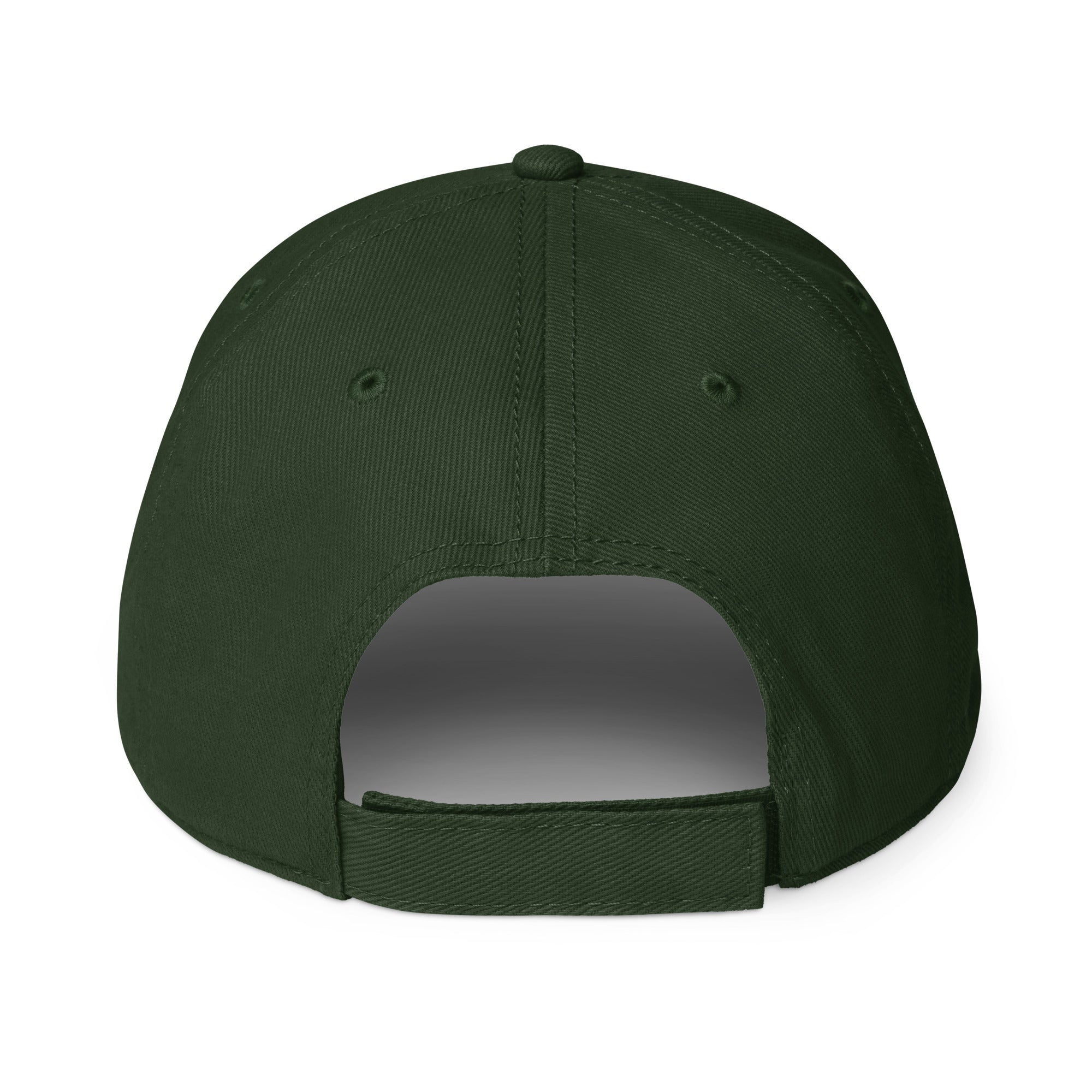 Dark green low-profile baseball cap, back view with adjustable strap
