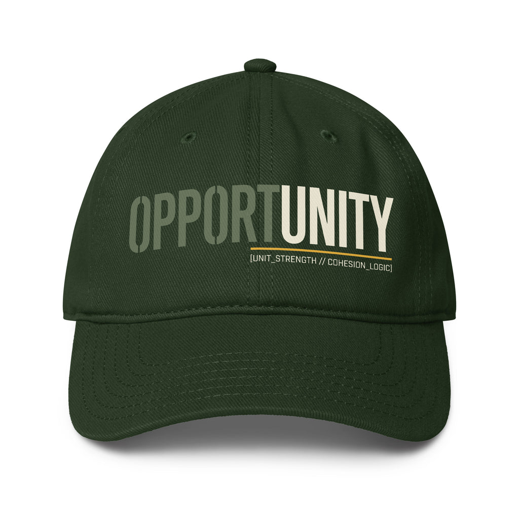 Dark green low-profile baseball cap with 'OPPORTUNITY' front logo