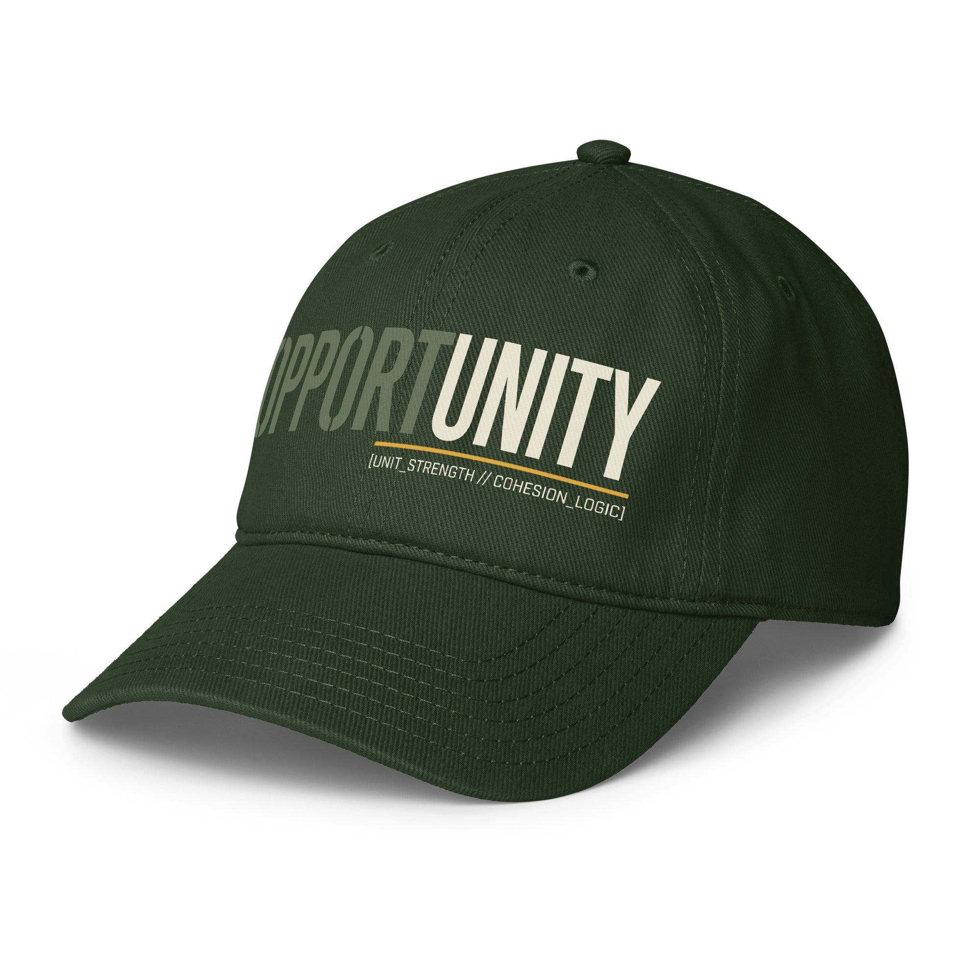 Dark green low-profile cap, curved brim and 'OPPORTUNITY' front text detail